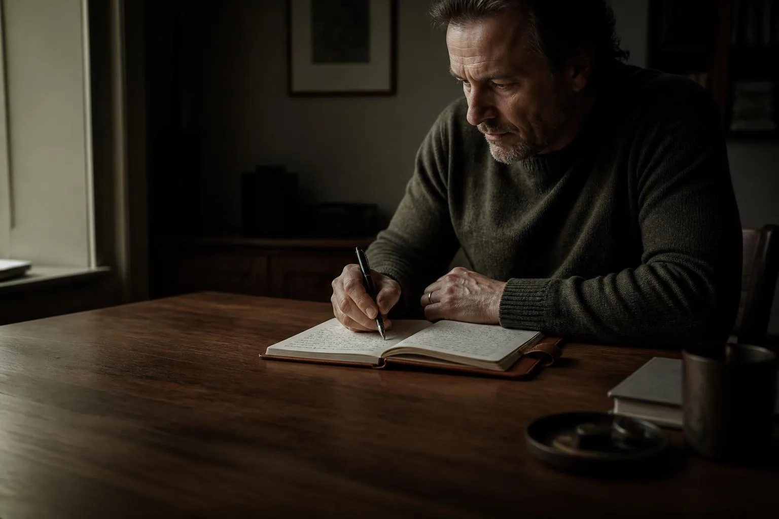 A man writing with a fountain pen in a leather notebook at a walnut desk.