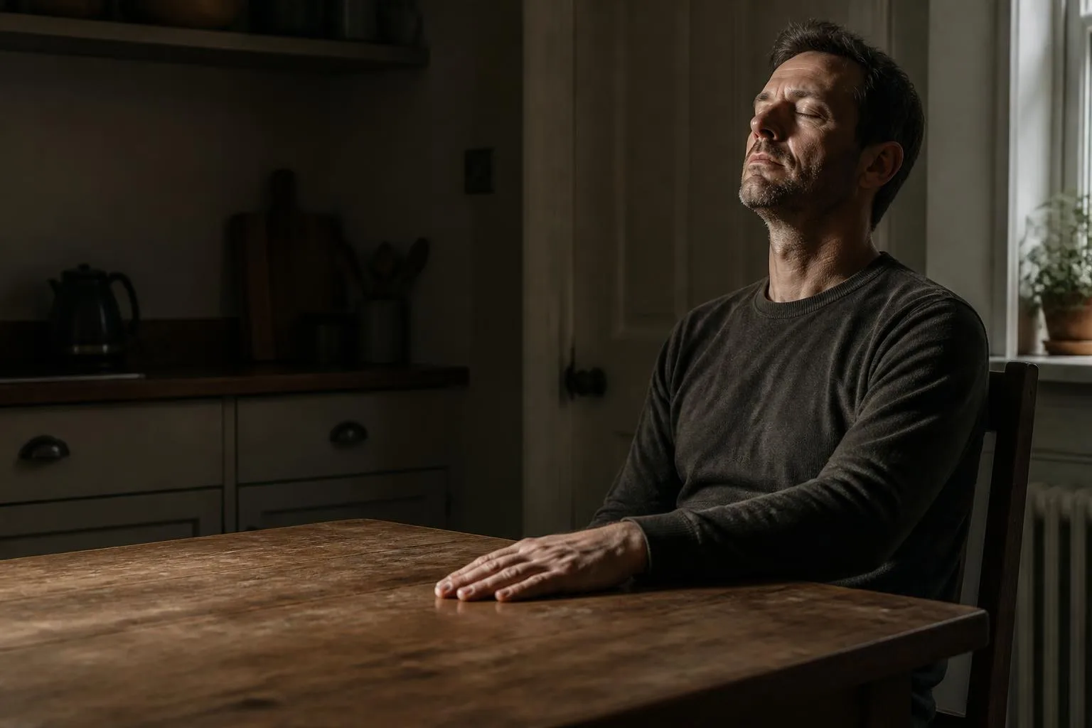 A man in his forties at a kitchen table, eyes closed for a moment, visibly relieved.