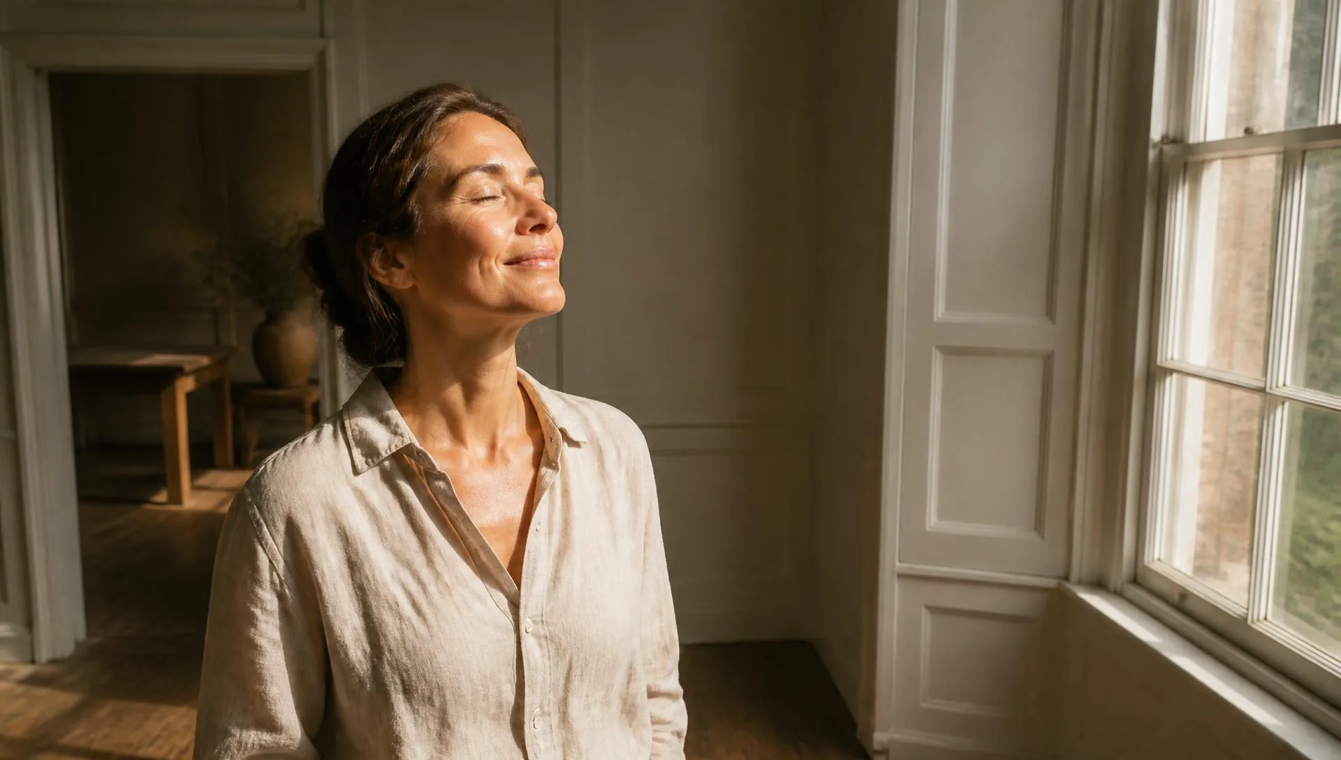 A woman standing at a tall sash window, face lifted into late-afternoon light.