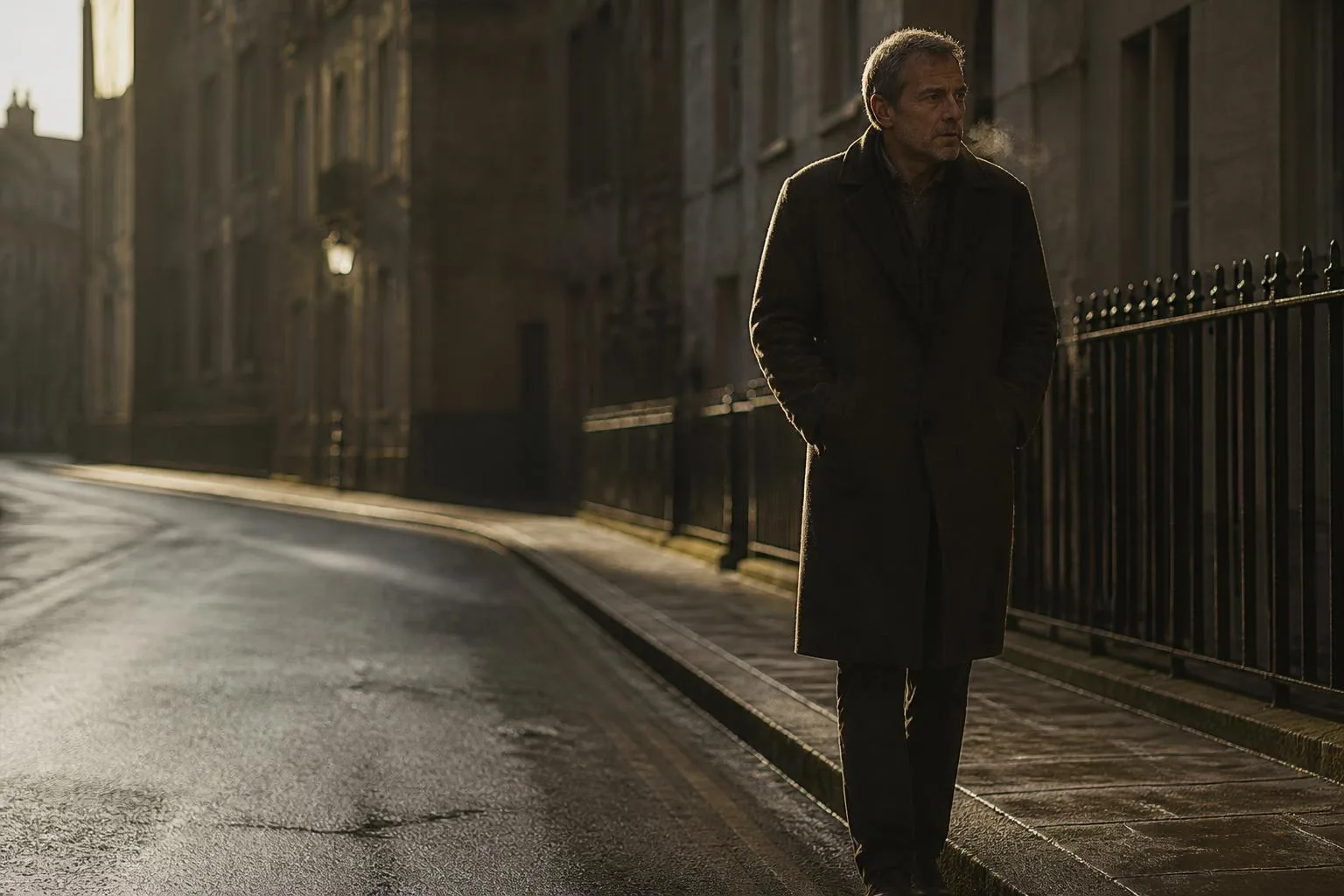 A man in a wool overcoat walking a quiet city street at first light, unhurried.
