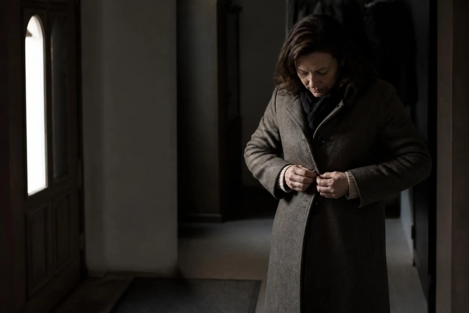 A woman fastening a wool coat in a hallway, steady and matter of fact.