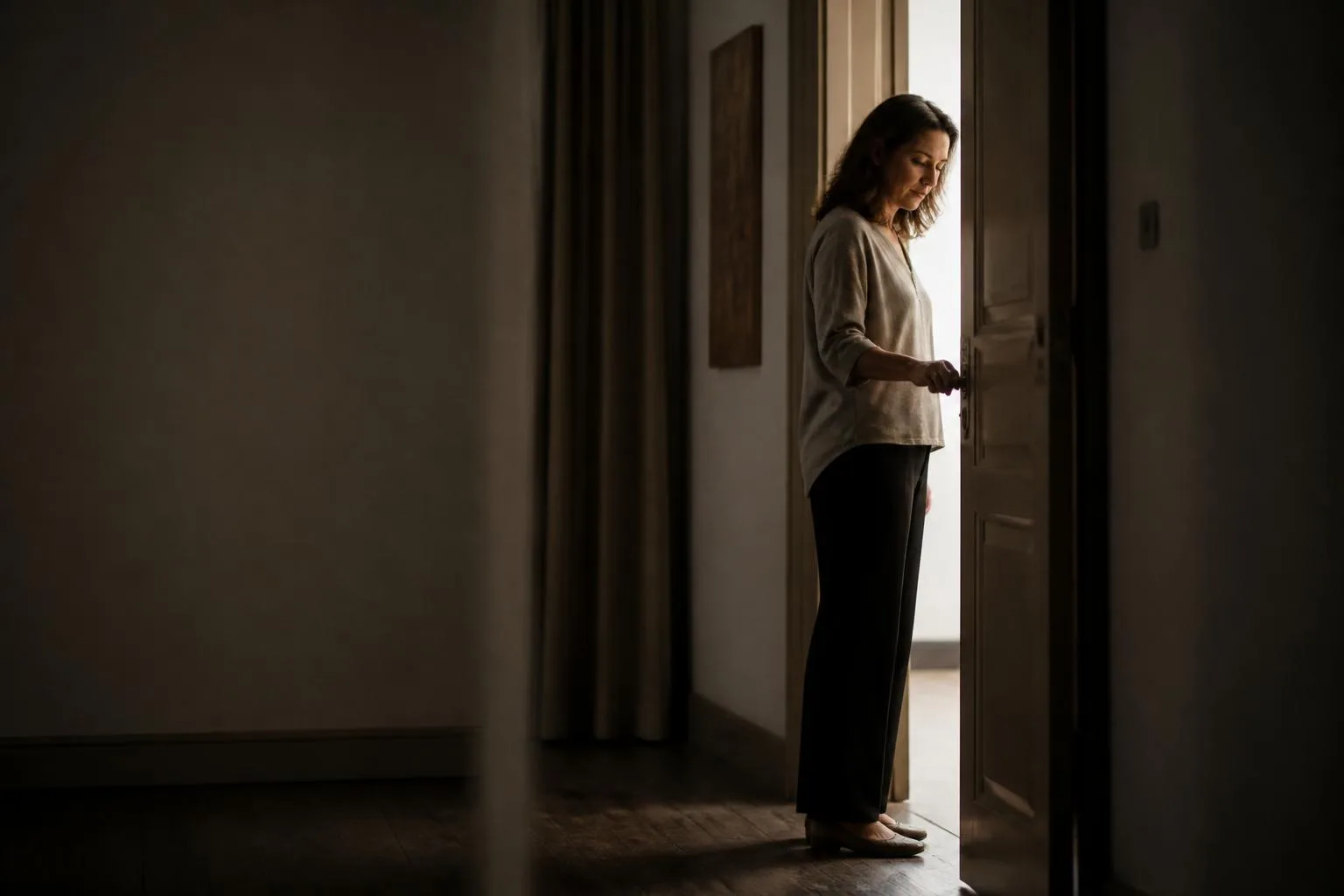 A practitioner opening the door of a small consulting room, ready for the day.