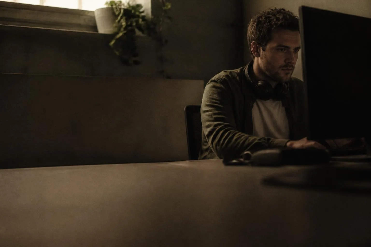 A young engineer at a single monitor in a dim office, absorbed and in flow.