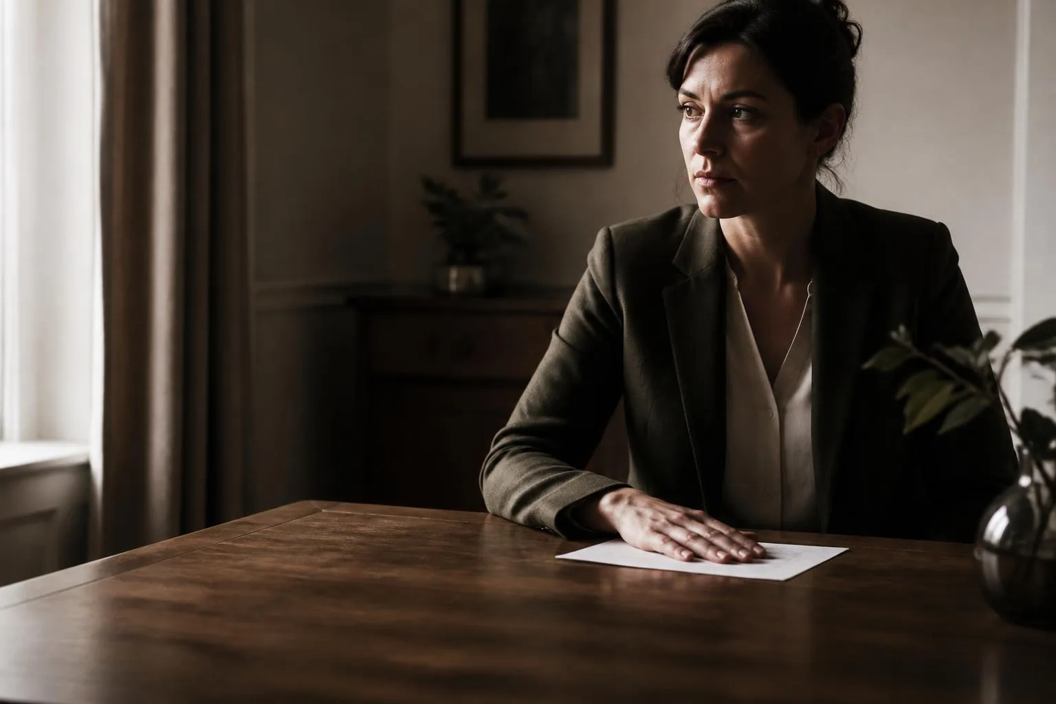 A woman at a timber desk, hand flat on a single sheet of paper, decision made.