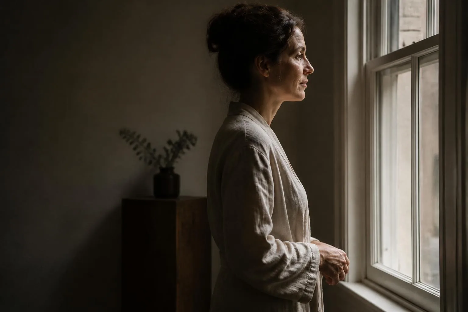 A person in profile at a tall sash window, a quiet moment of self-recognition.