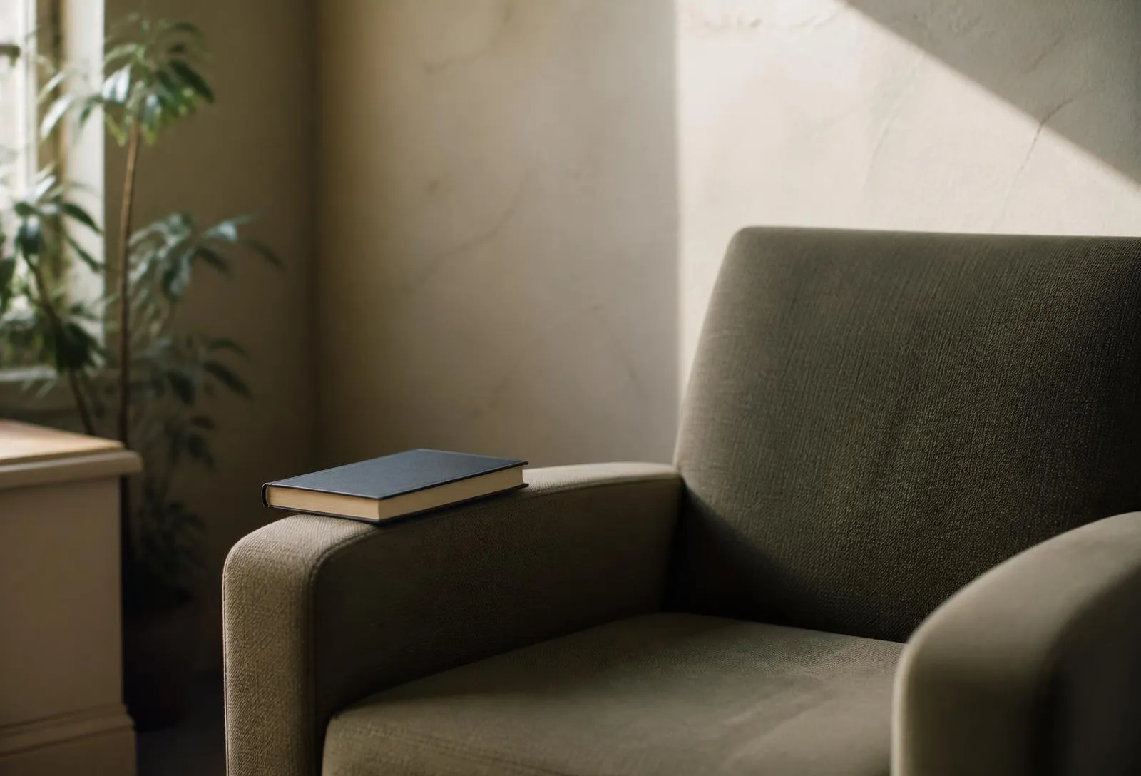 A window seat with linen cushions and a low stack of books.