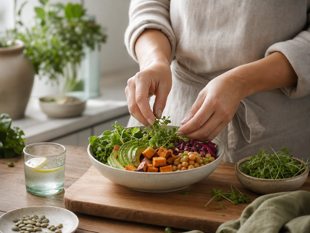 Hands preparing a simple, colourful plate in a calm, minimal kitchen.