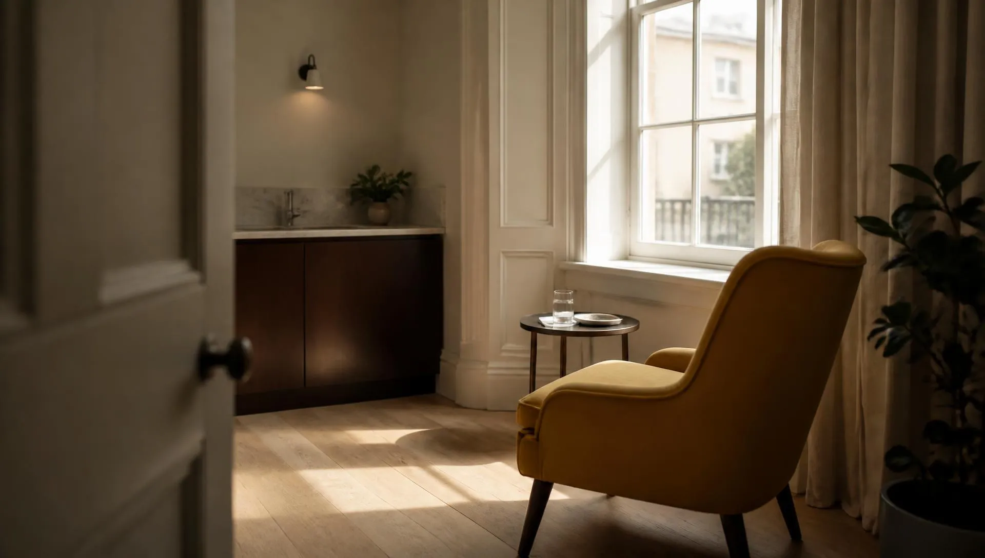 A quiet Georgian consulting room in late afternoon light, two armchairs turned towards each other.