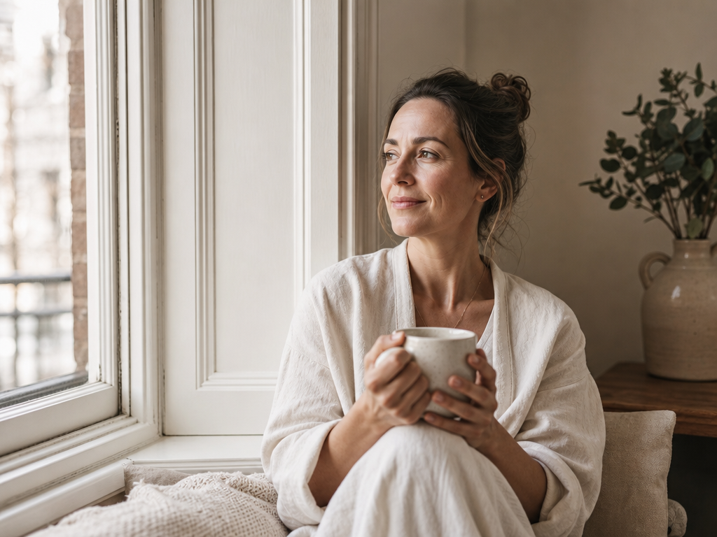 A person sitting by a tall sash window in morning light, shoulders relaxed, hands around a warm cup.