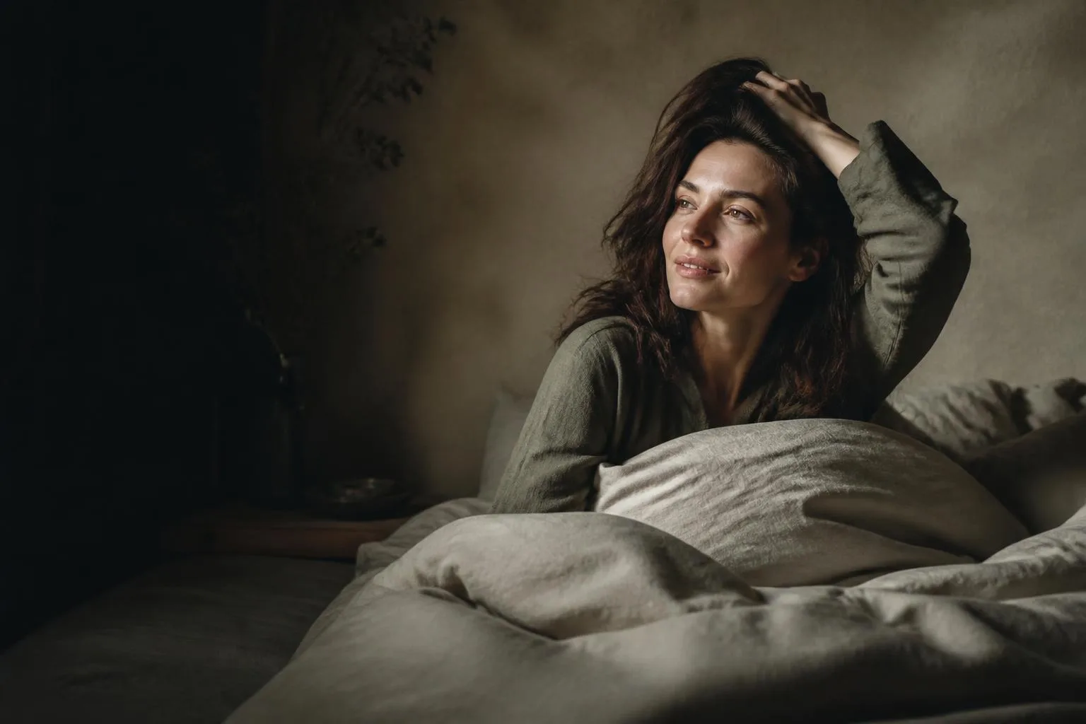 A woman waking naturally in crisp linen, no alarm, soft morning light.
