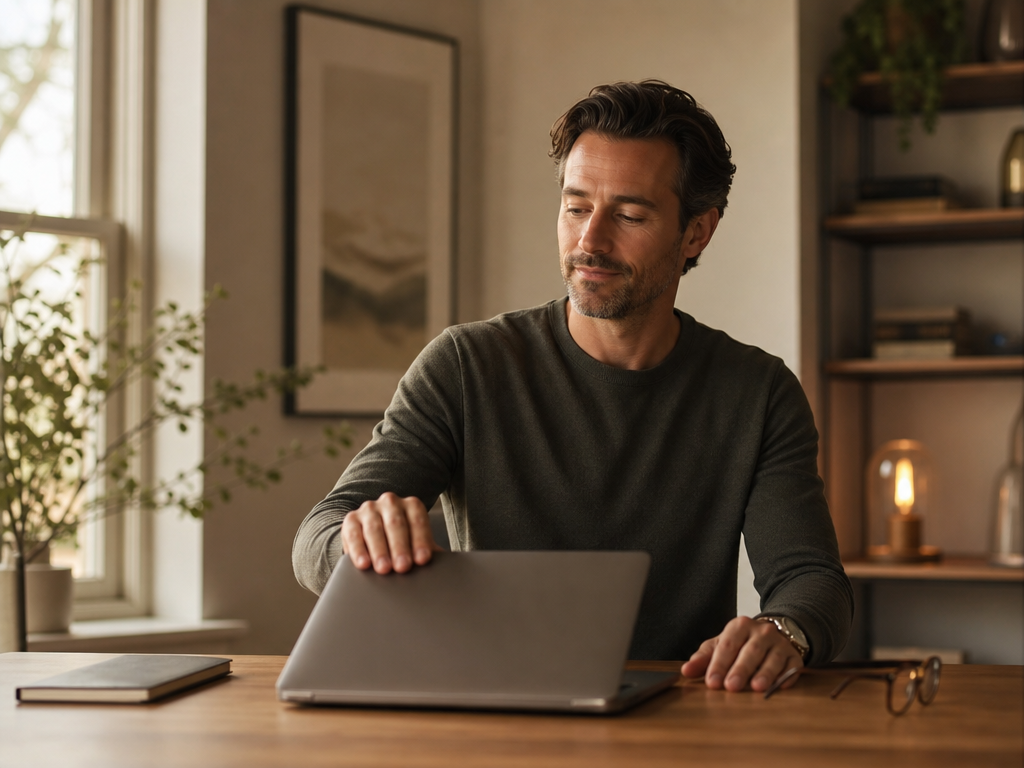 A person closing a laptop at the end of a focused day, a tidy desk and a single notebook beside them.