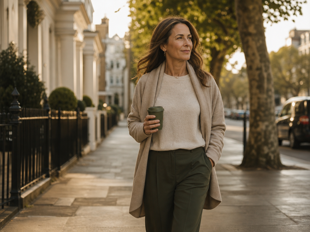 A confident person walking a quiet tree-lined street in early morning golden light.