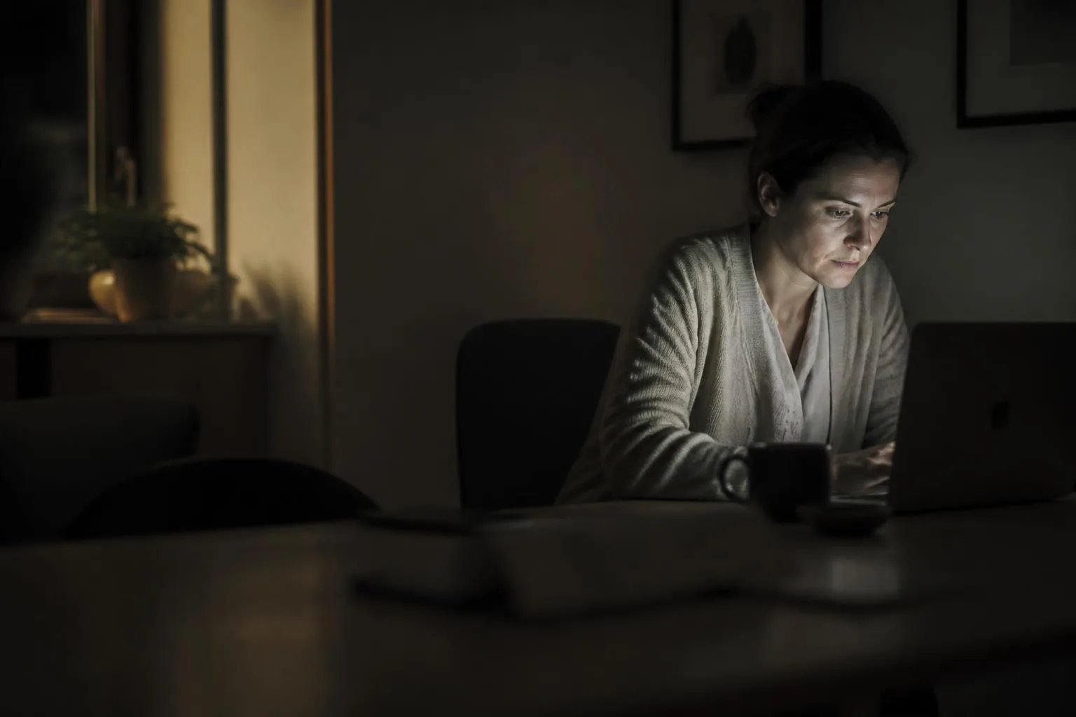 A practitioner working at a laptop in a small consulting room after hours.