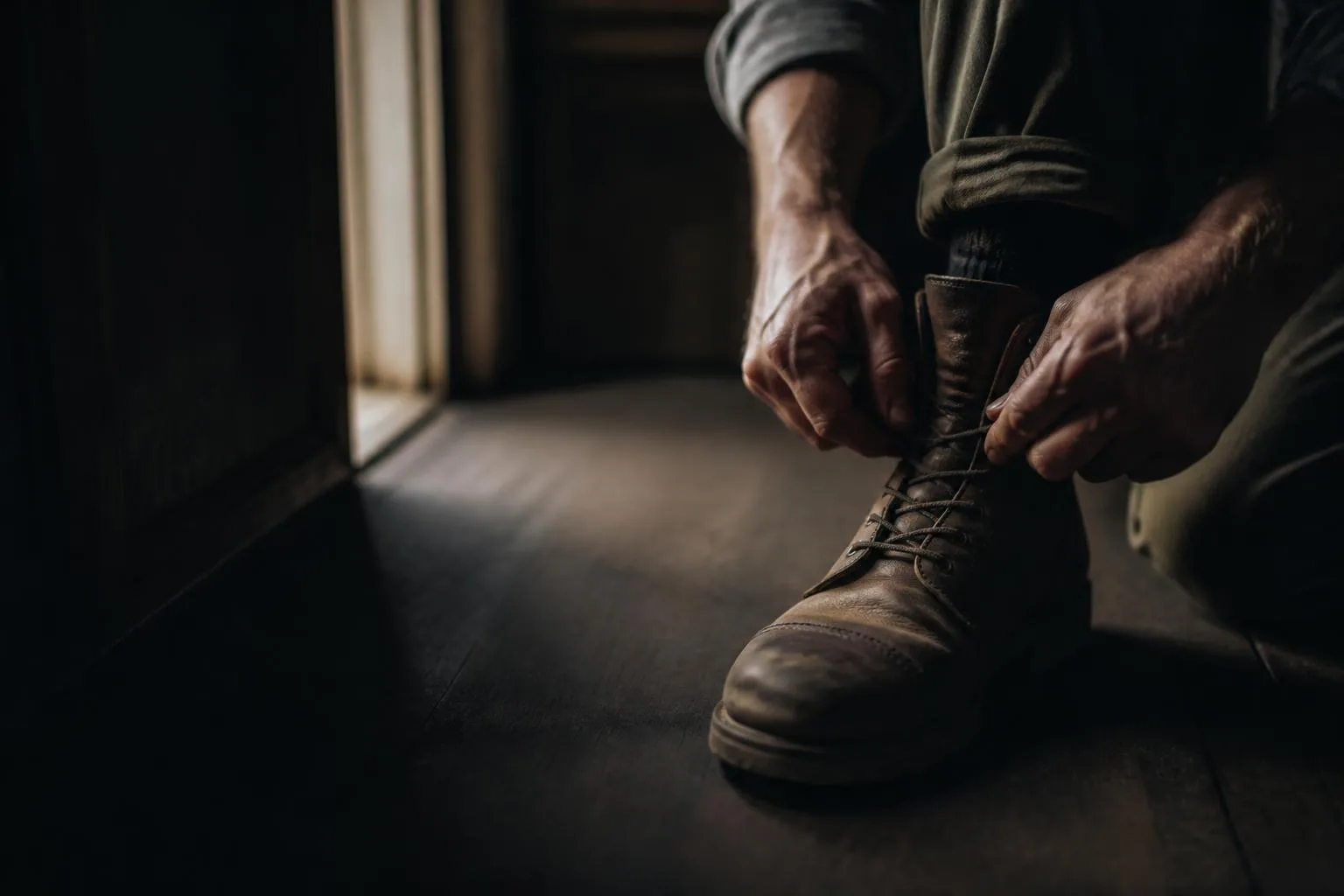 Hands lacing a worn leather boot in a dim hallway, about to head out.