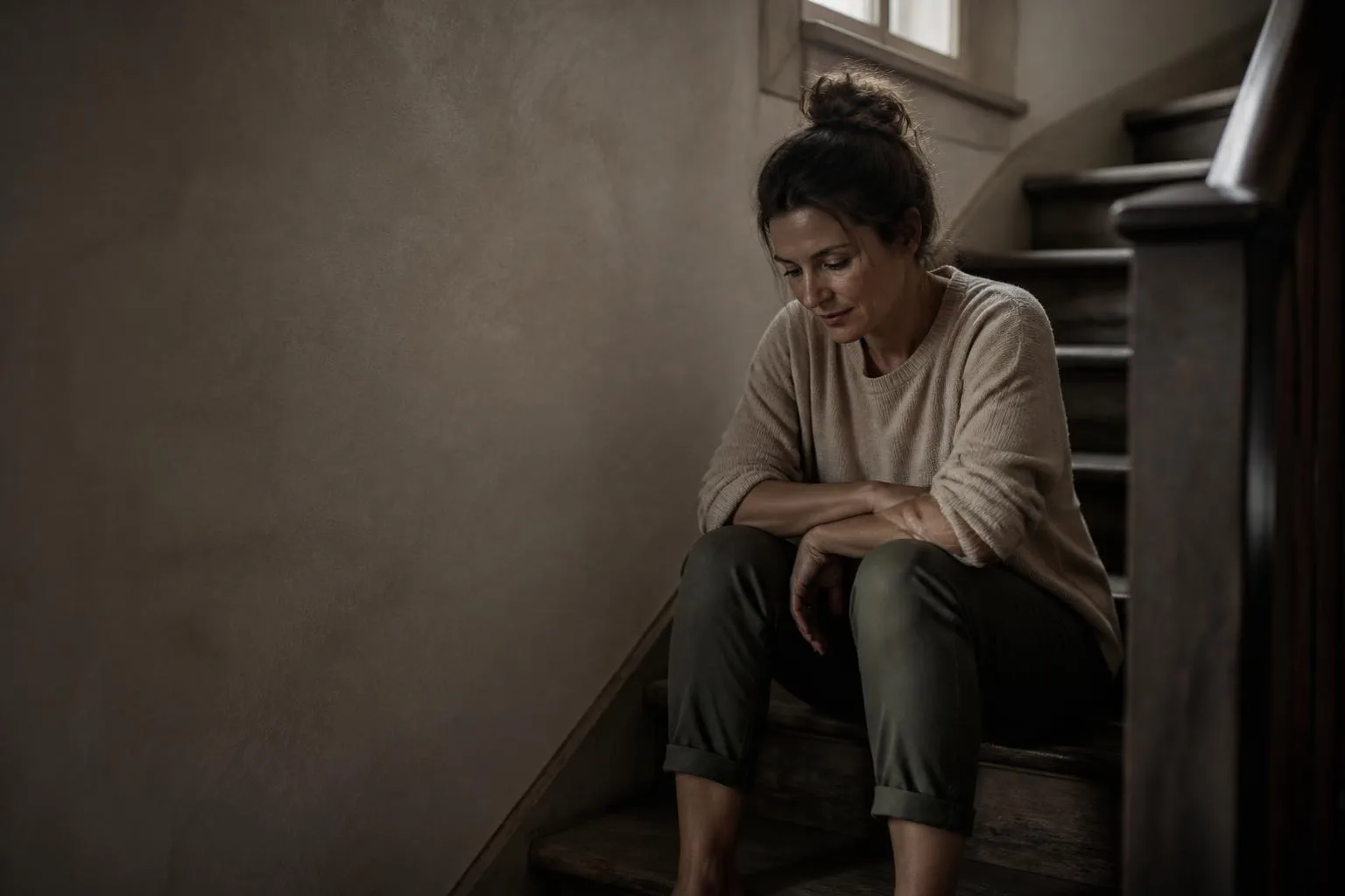 A woman sitting on a worn timber staircase, thinking, light from a stairwell window.