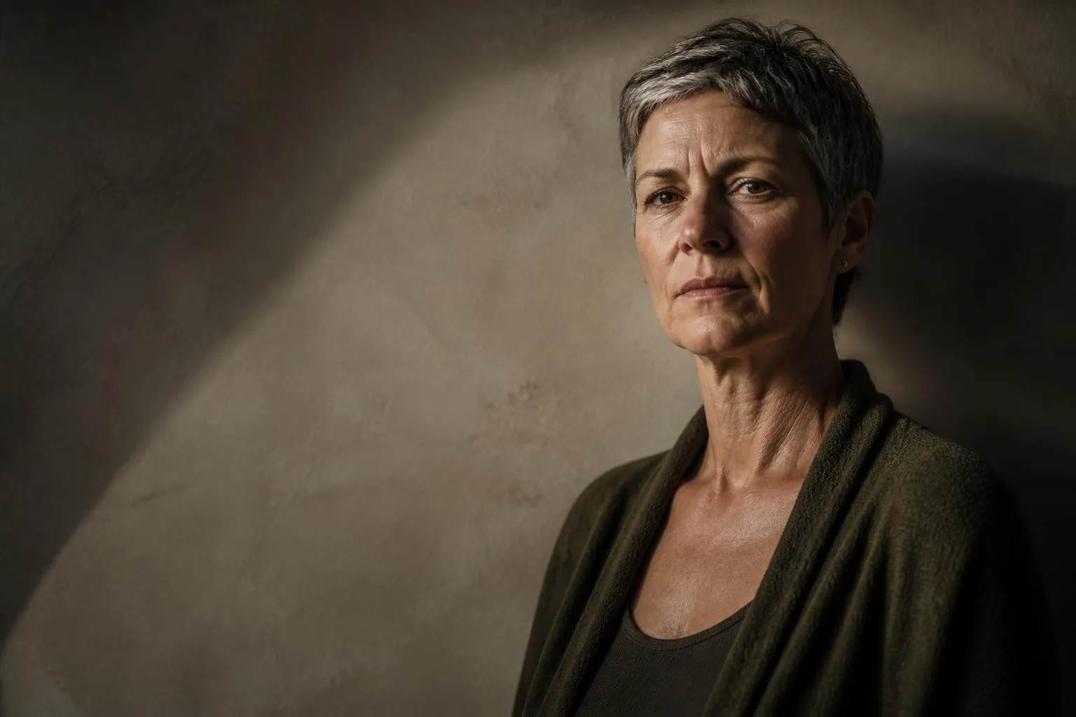 A woman in her late forties in strong side light against a plaster wall, chin level.