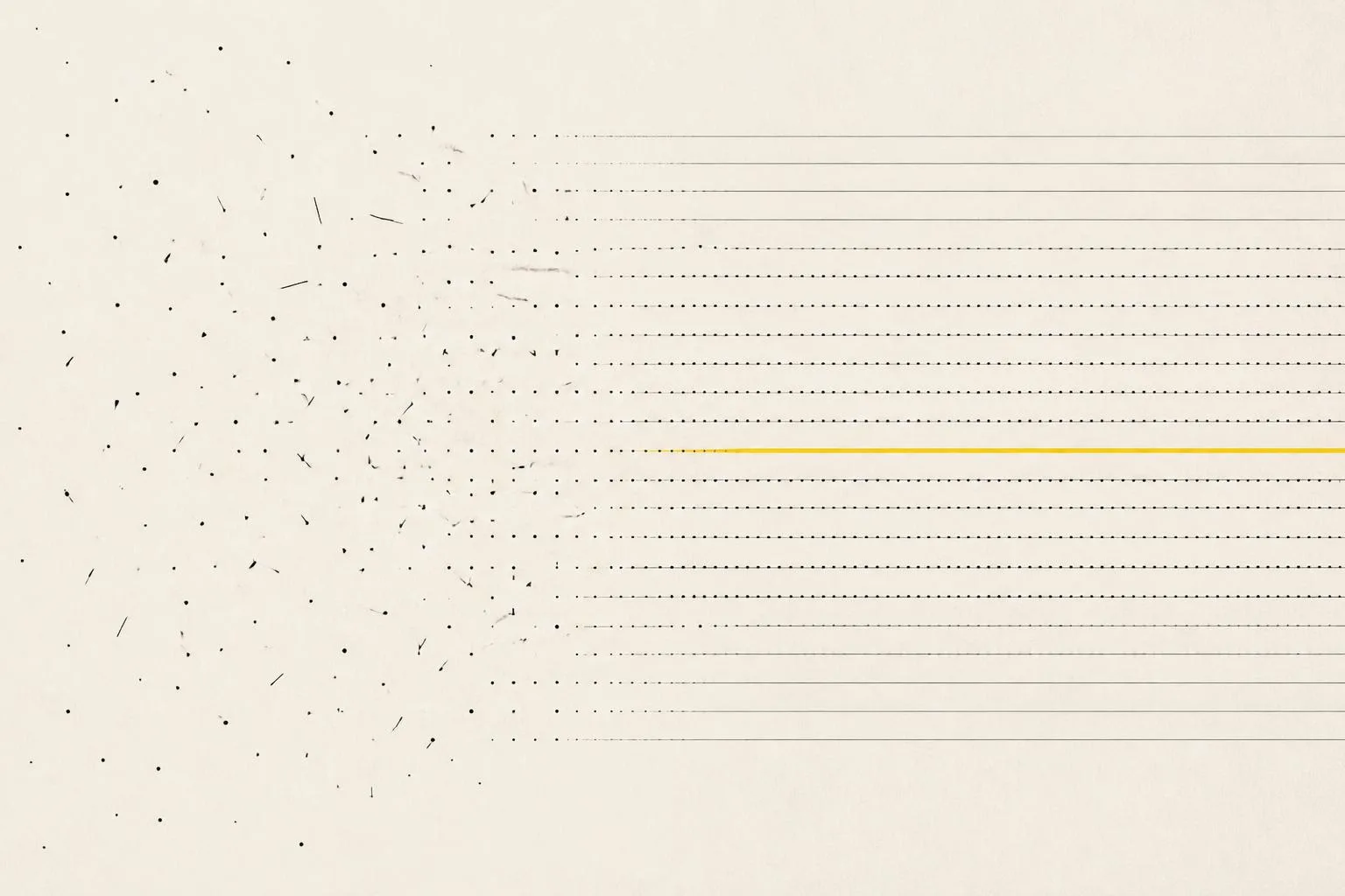 Abstract artwork of scattered marks resolving into aligned rows