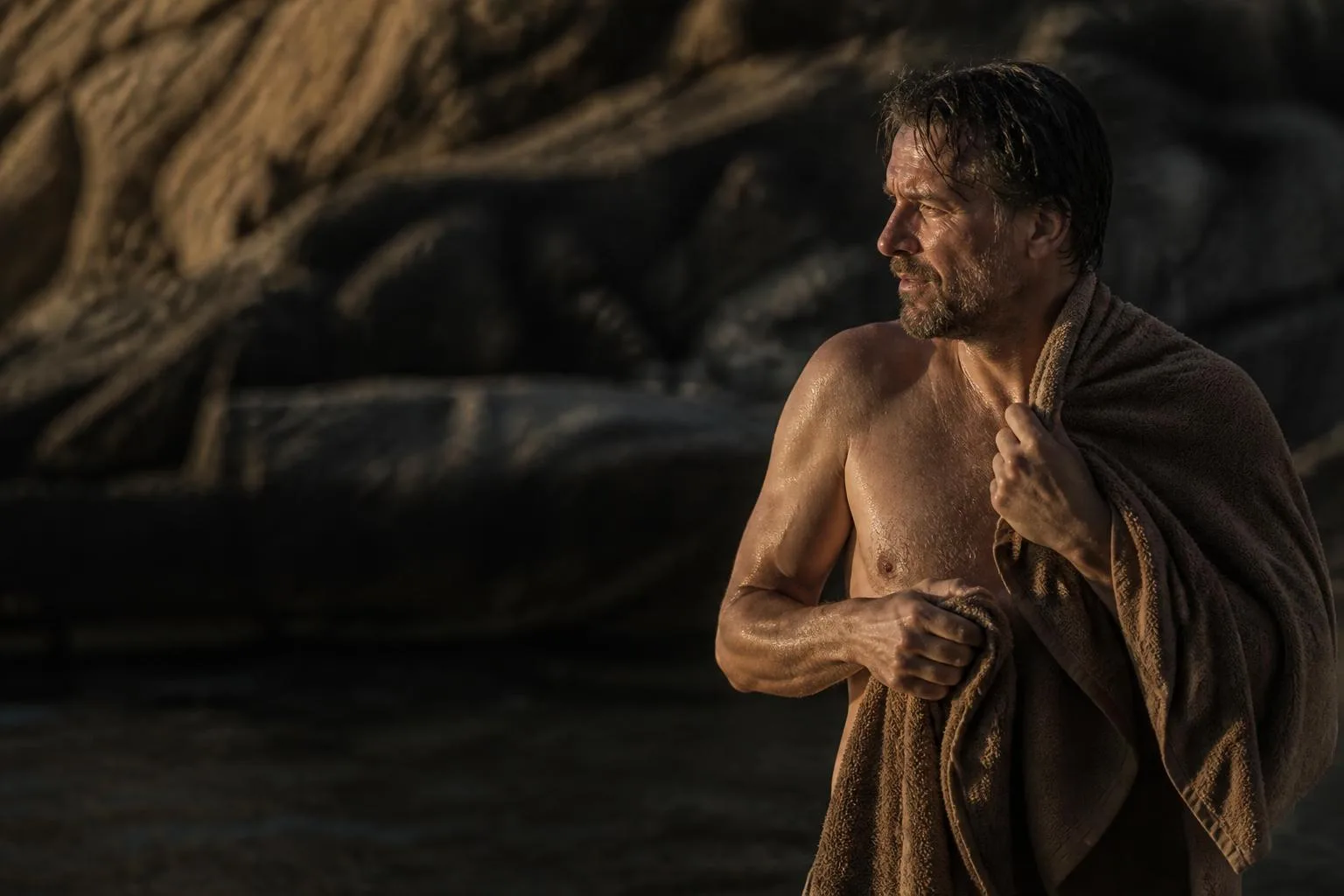 A man drying off after an outdoor swim in low golden light, strong and unposed.