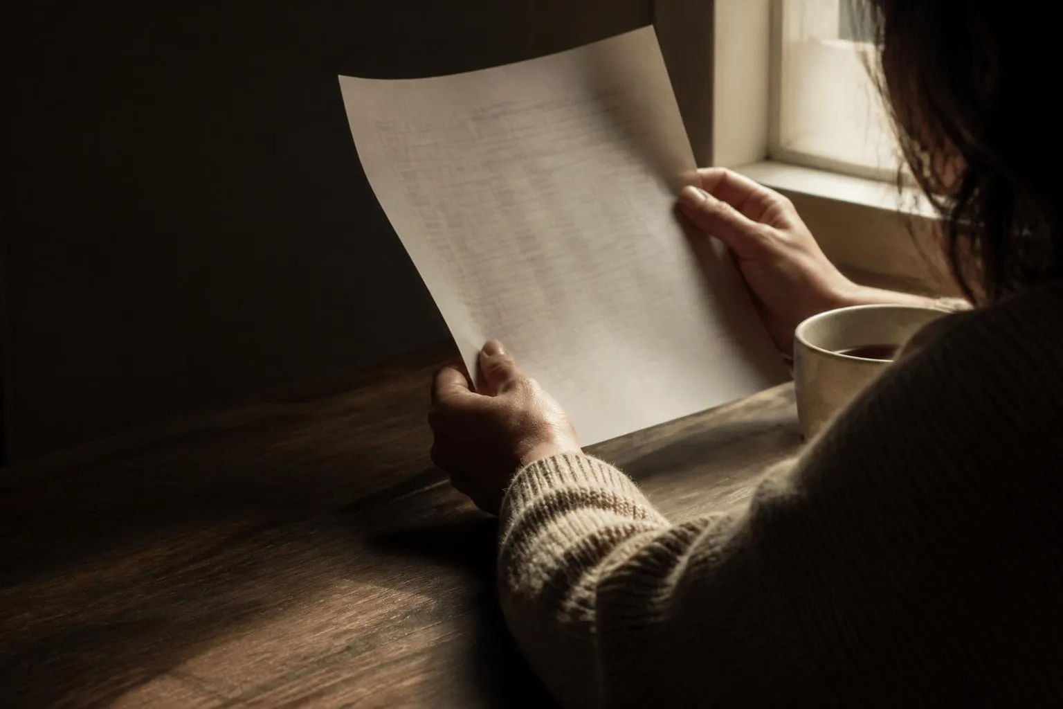 Hands turning a printed sheet of results towards a window, calm, tea beside them.