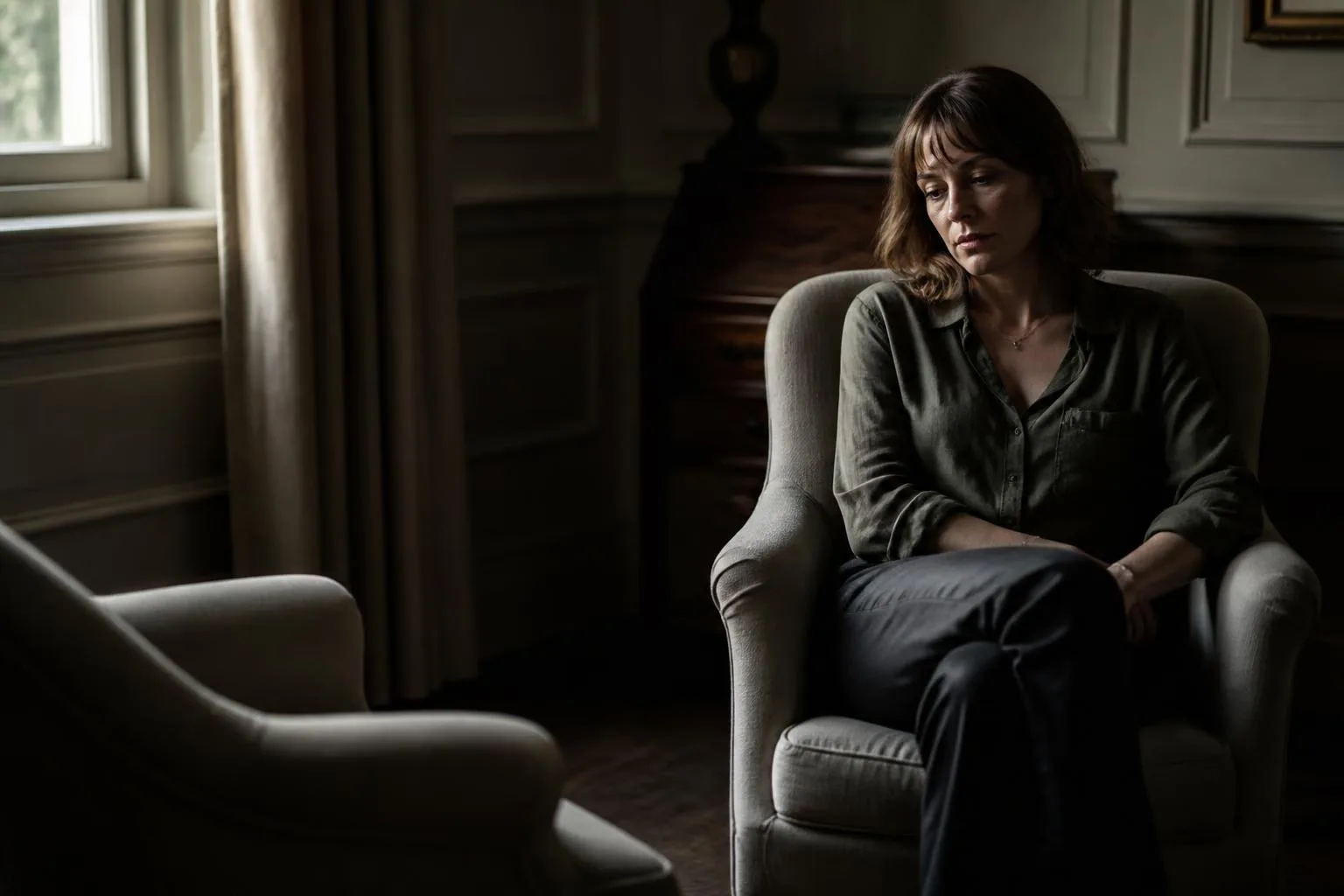 Two armchairs in a panelled room, one occupied, shoulders down, listener out of frame.
