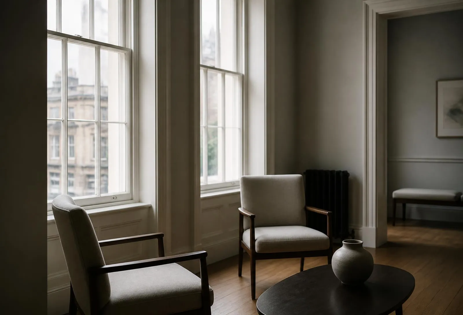 Two armchairs angled towards each other in a panelled consulting room.