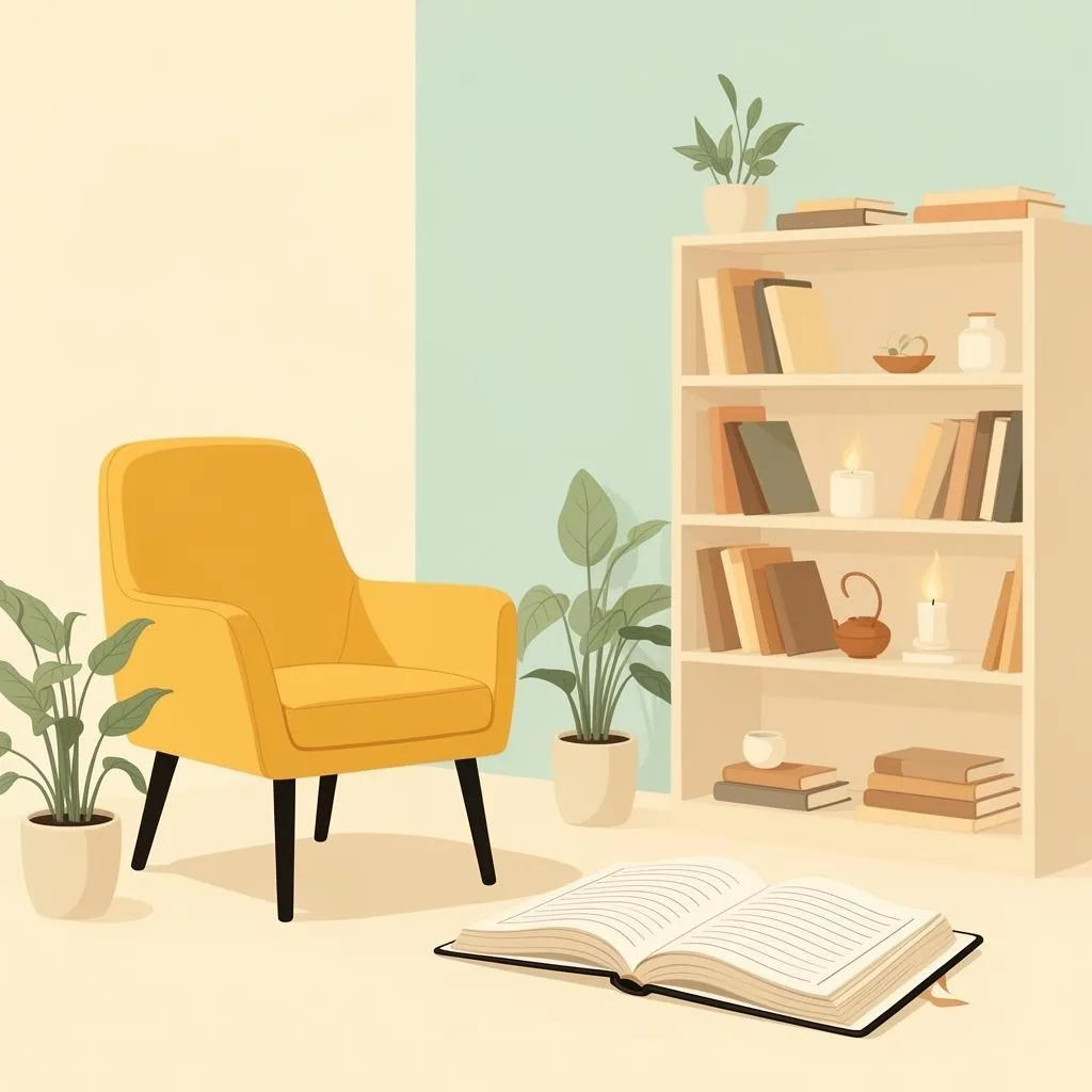 Illustrated yellow chair beside a bookshelf